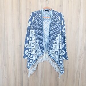 Womens Southwestern Fringe Cardigan Small Blue Geometric Open‎ Front Boho Tribal